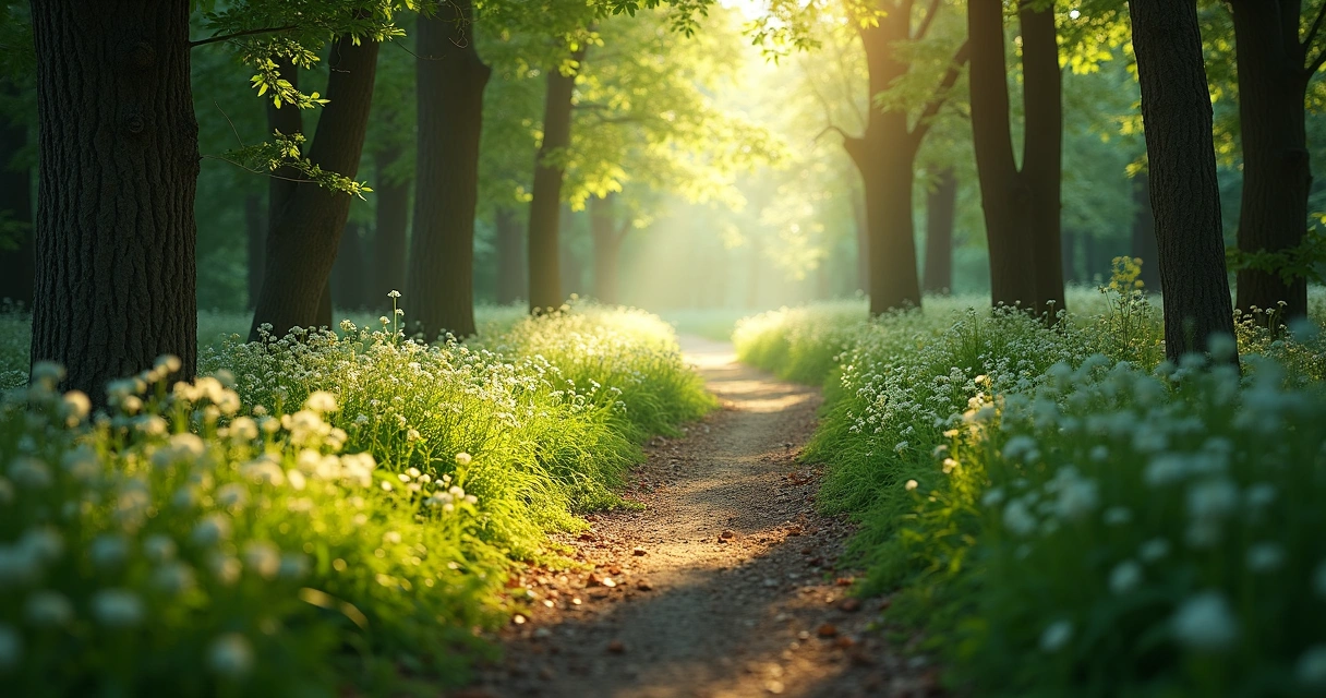 Caminho de floresta com nova luz, simbolizando recomeço 