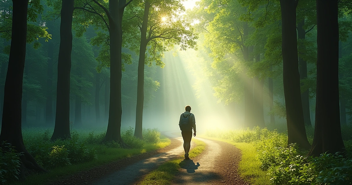 Pessoa caminhando sozinha em uma trilha rodeada de natureza