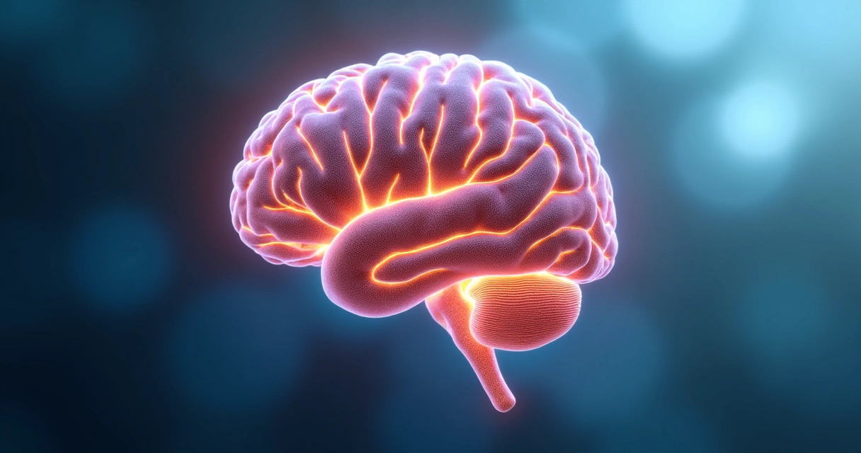 Ilustração de caminhos neurais brilhando em um cérebro humano estilizado 