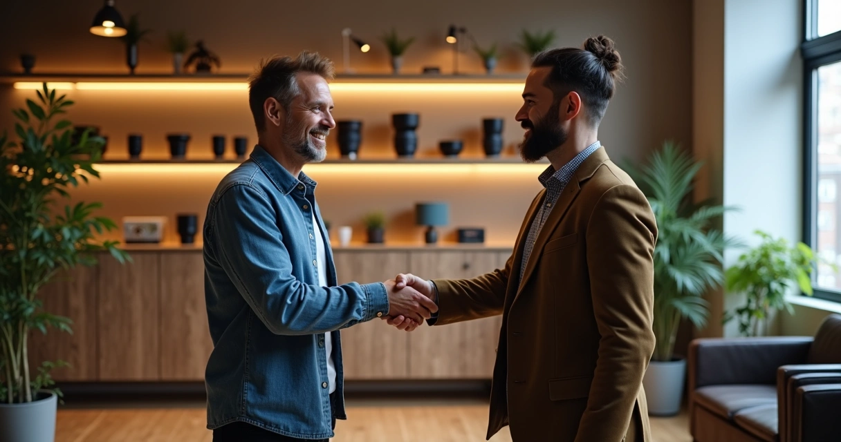 Fotógrafa cumprimentando cliente em estúdio moderno 