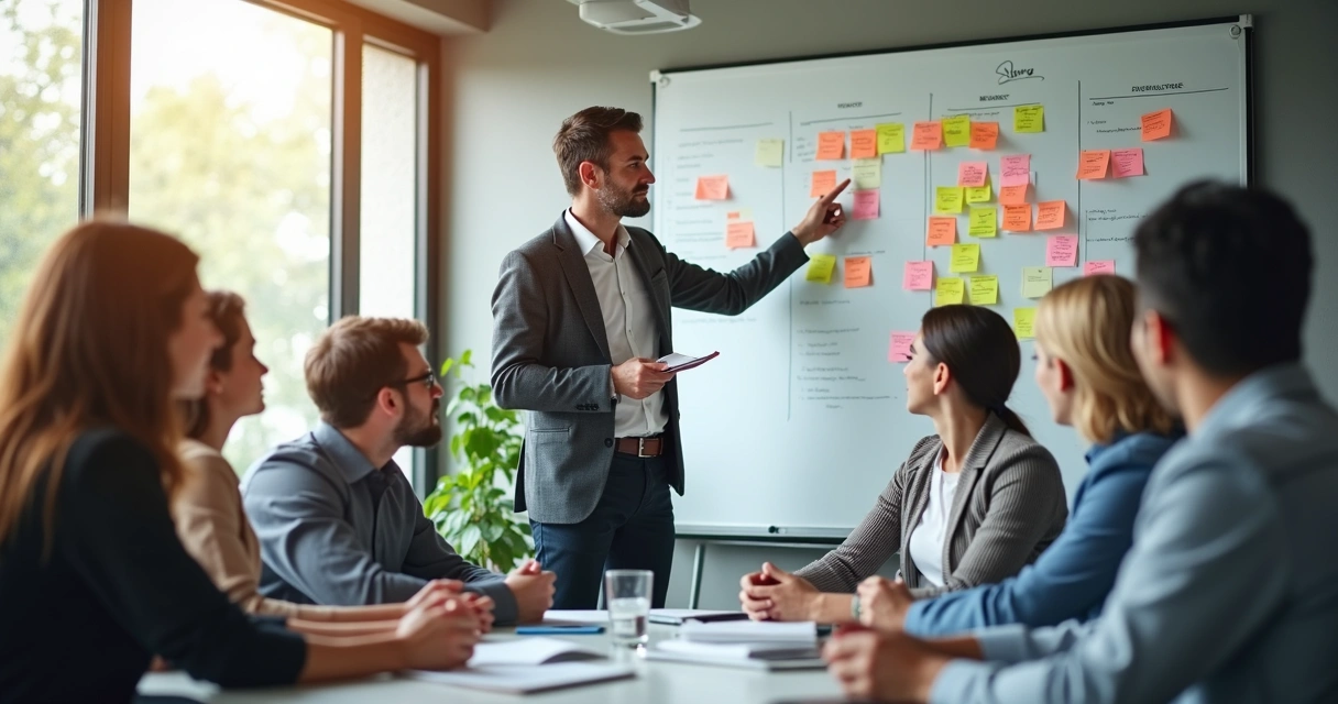 Equipe reunida em uma sala discutindo ideias em um quadro, com uma pessoa de destaque mostrando liderança sem estar em um cargo formal. 