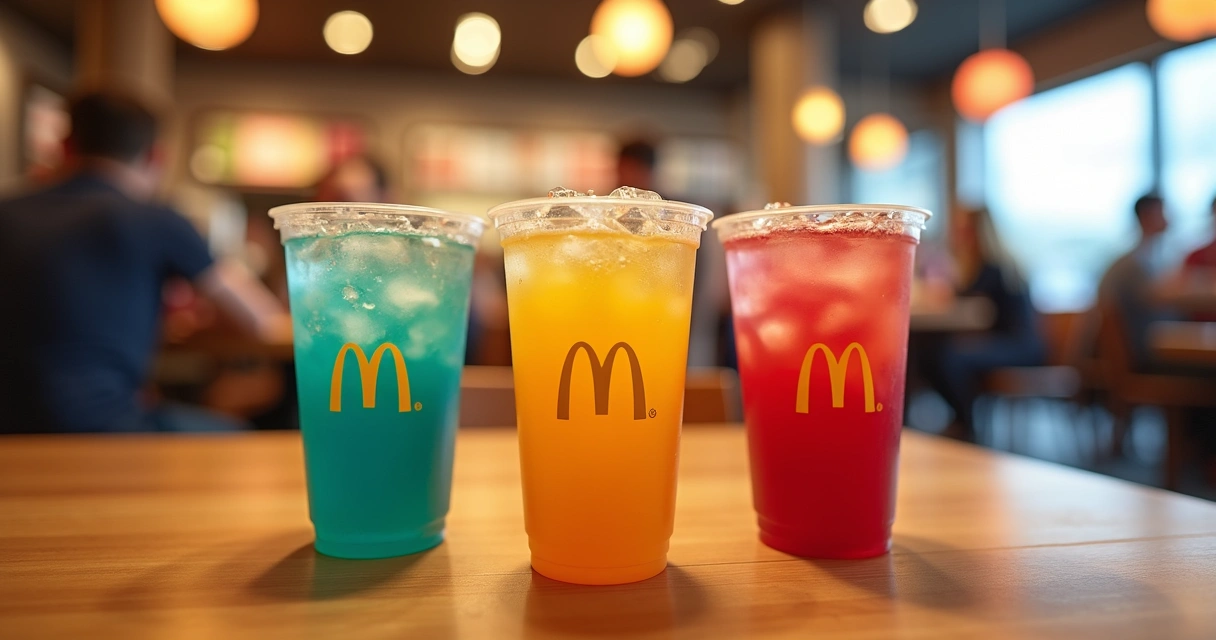 Copos com novos refrescos e refrigerantes artesanais do McDonald's em uma mesa de restaurante 