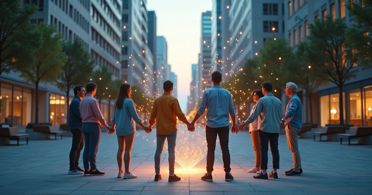 Grupo diverso formando círculo com luzes conectando suas mãos 