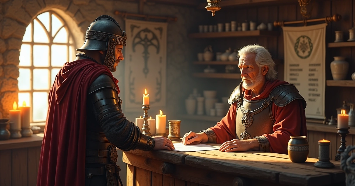 Jogador de Tibia falando com NPC de blessings em uma cidade medieval.