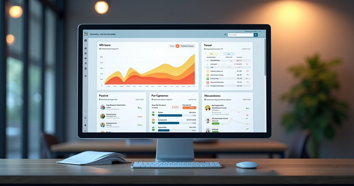 SaaS analytics dashboard showing NPS trends and user sentiment categories 