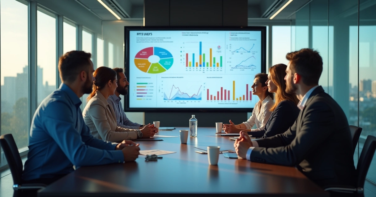 Equipe analisando dados de NPS em tela grande com gráficos coloridos 