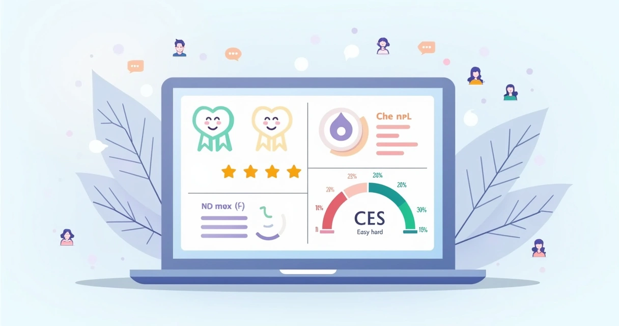 Dashboard colorido com métricas NPS, CSAT e CES 
