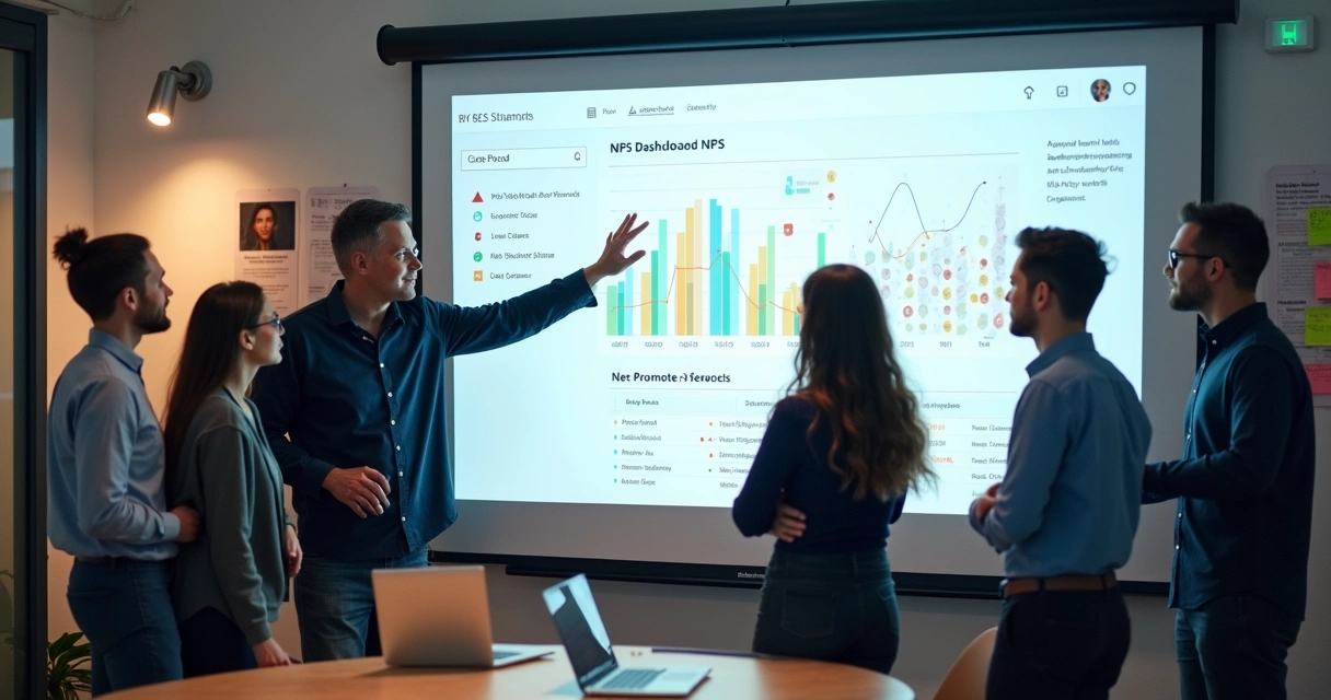 SaaS dashboard showing NPS trends and team discussing insights