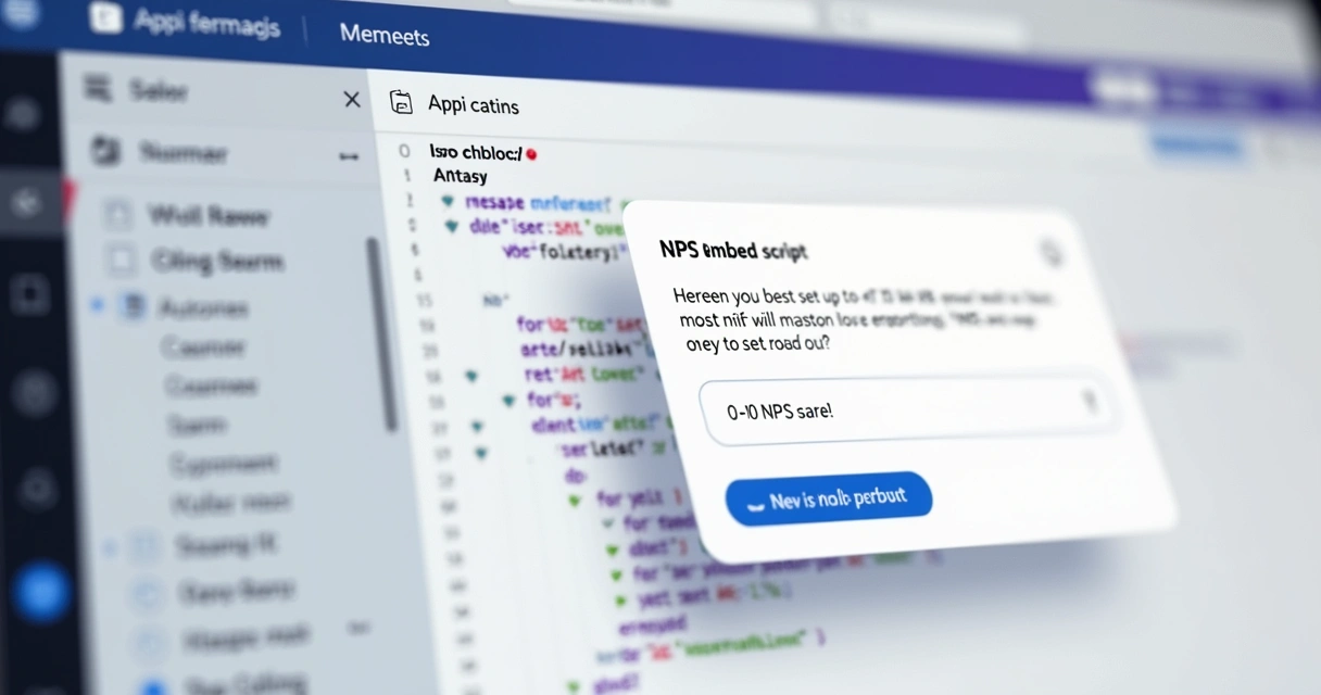 Code snippet being added to a SaaS product admin panel interface, with a modal overlay showing a Net Promoter Score question, modern minimalist design
