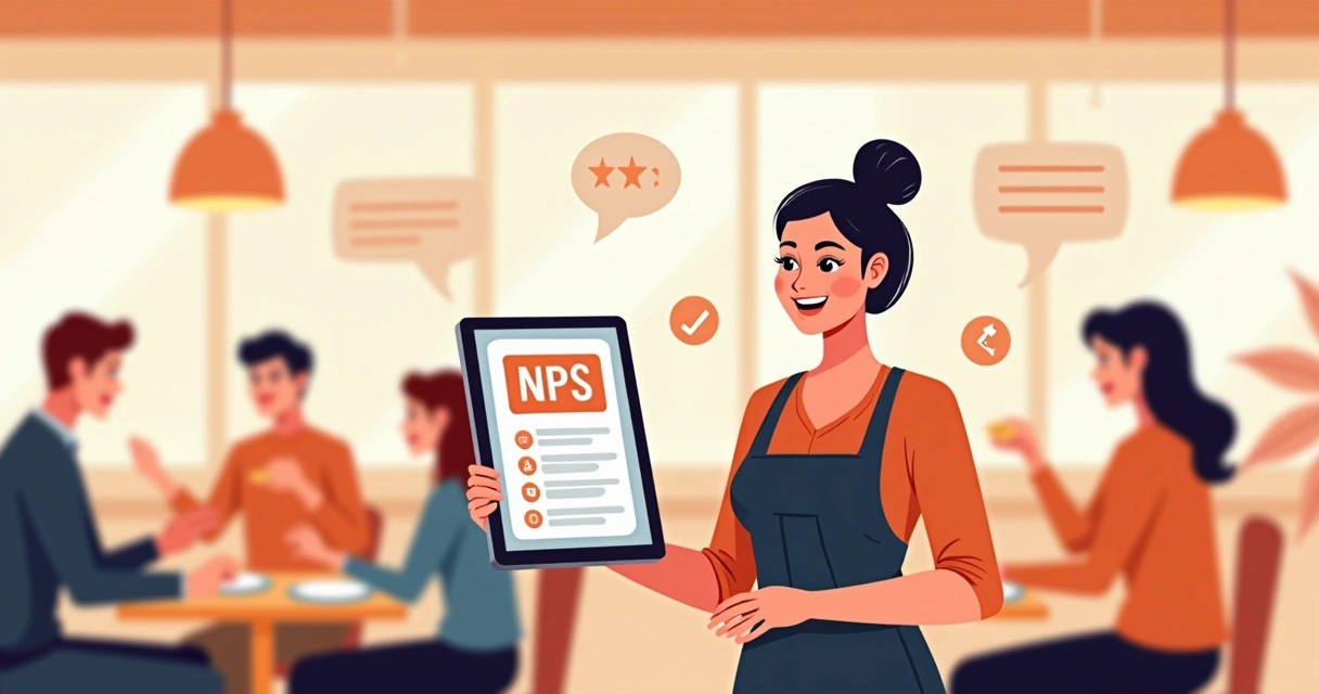 Funcionário de restaurante segurando tablet com formulário de NPS enquanto clientes comem ao fundo 
