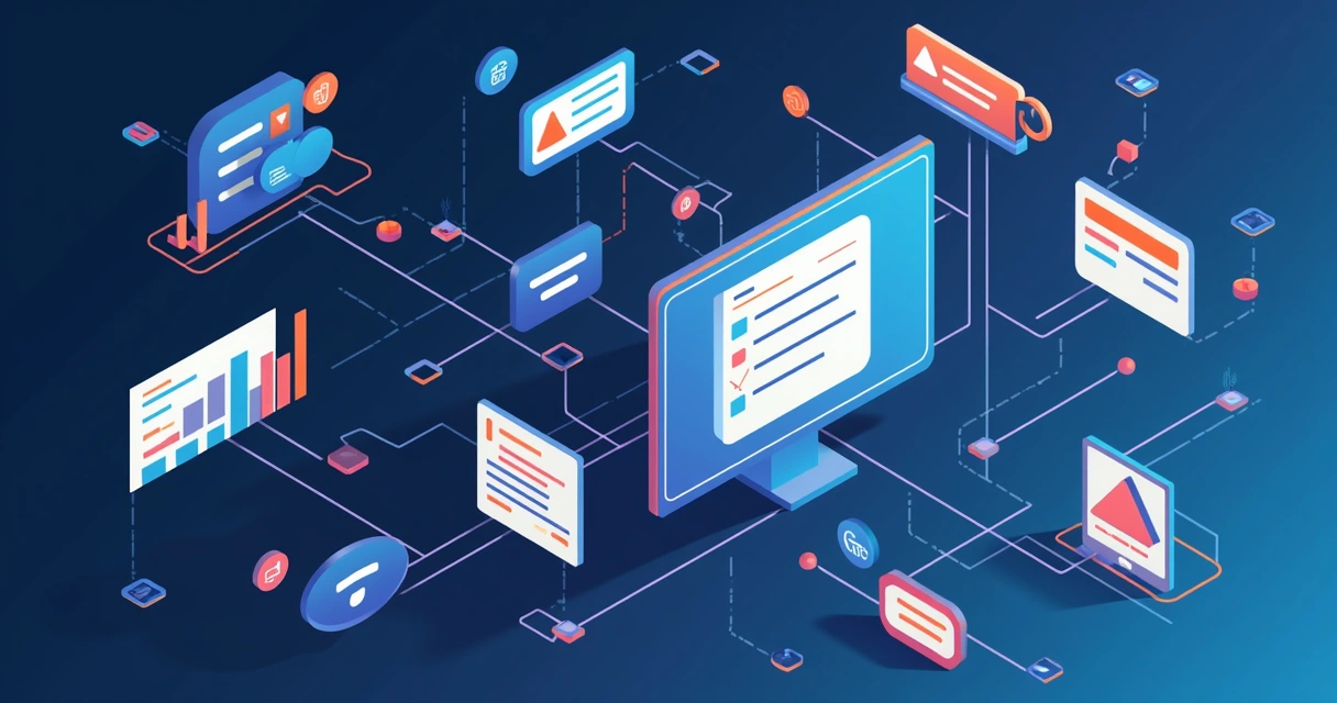 Ilustração corporativa mostrando gráficos de vendas e feedbacks NPS conectados por linhas e ícones 