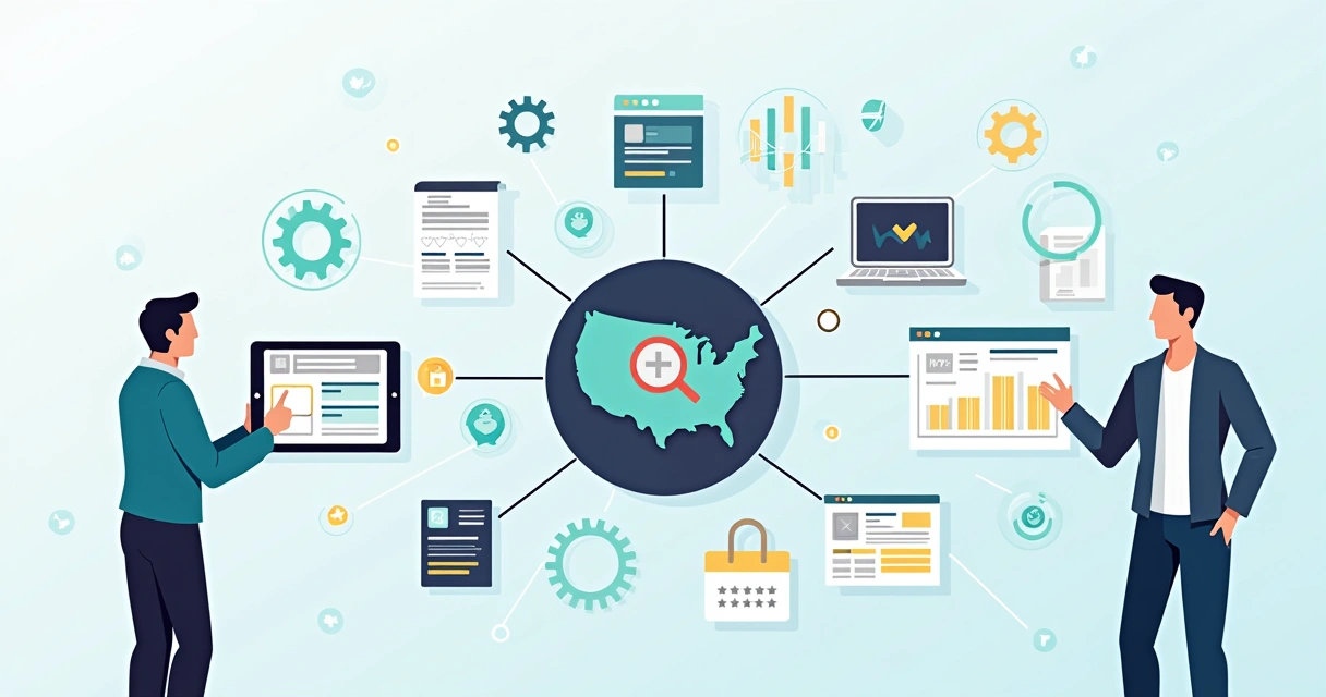 Ilustração corporativa com jornada do cliente digital e gráficos de NPS interligados 