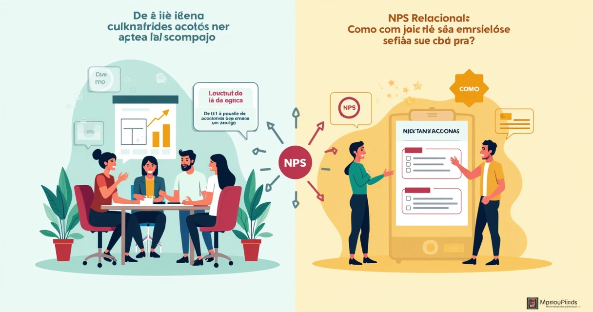Ilustração dividida em duas partes: NPS relacional e NPS transacional com gráficos e interações de clientes.