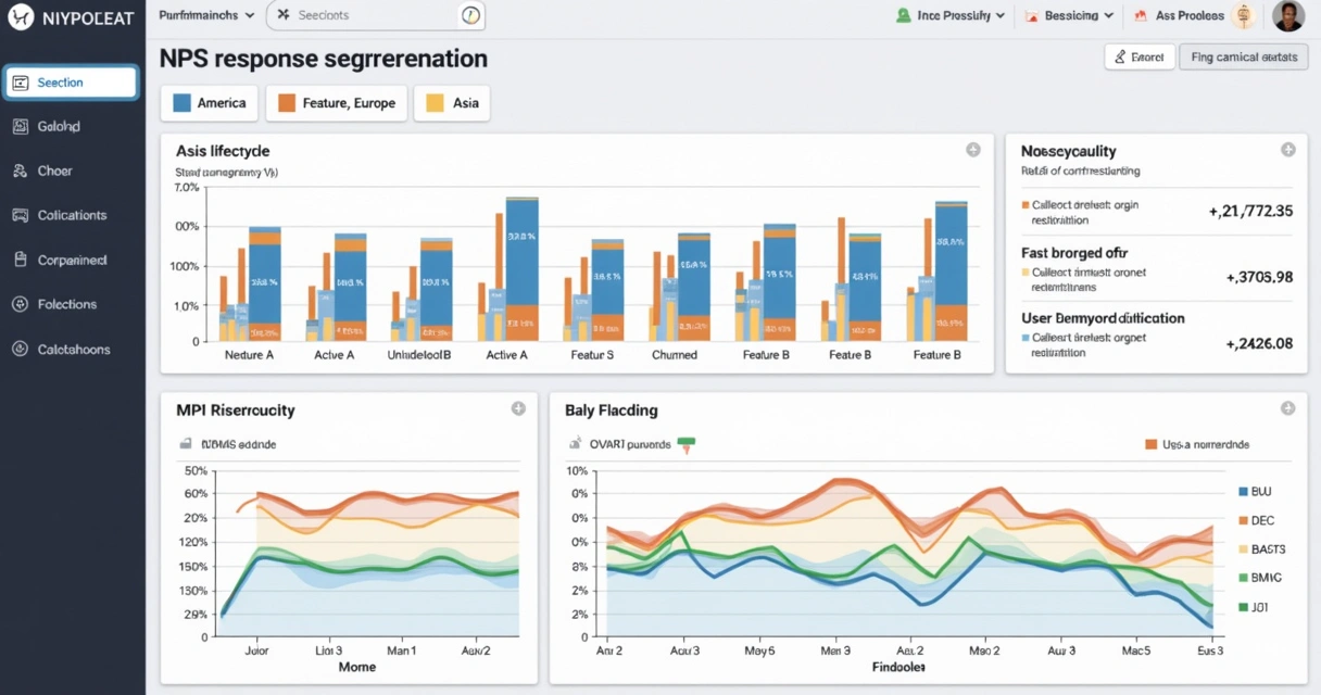NPS dashboard with segments for user lifecycle, feature usage, and regions. 