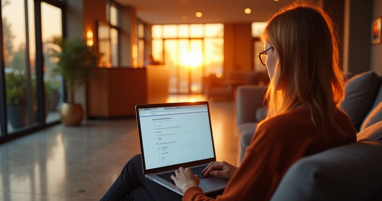 Pessoa usando notebook para responder pesquisa de satisfação após check-out no hotel 