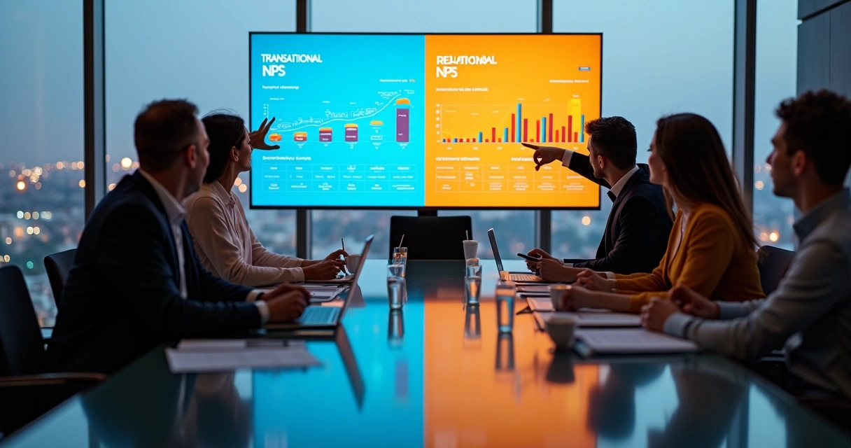 Quadro comparativo de NPS transacional e relacional em reunião de equipe de hotel 