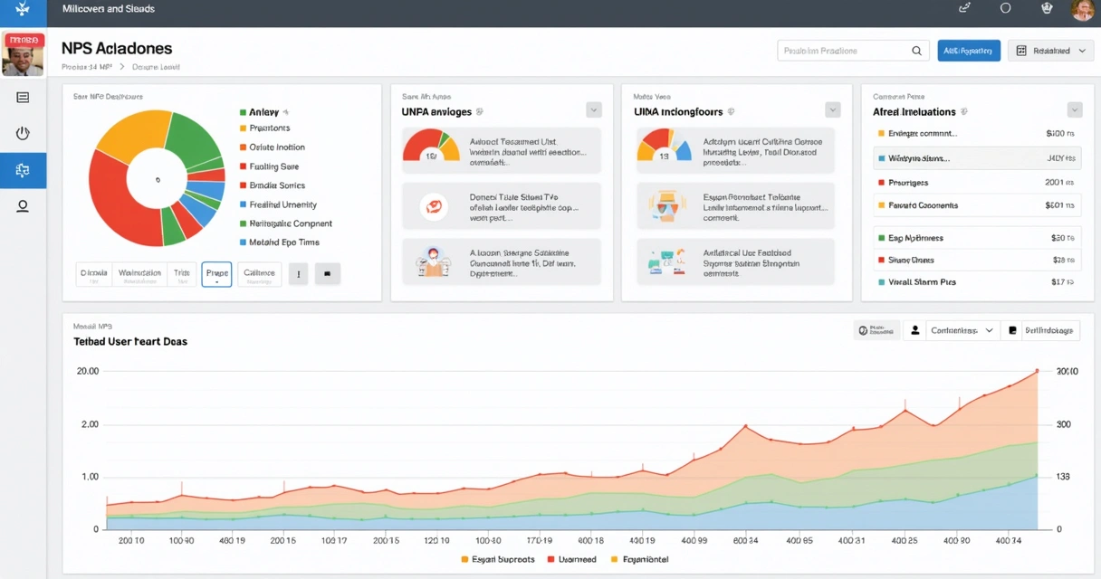 NPS feedback dashboard showing AI-categorized comments, urgency markers, and trend graph. 