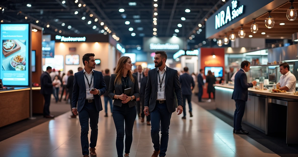 Executivos brasileiros observando tendências de foodservice em feira internacional 