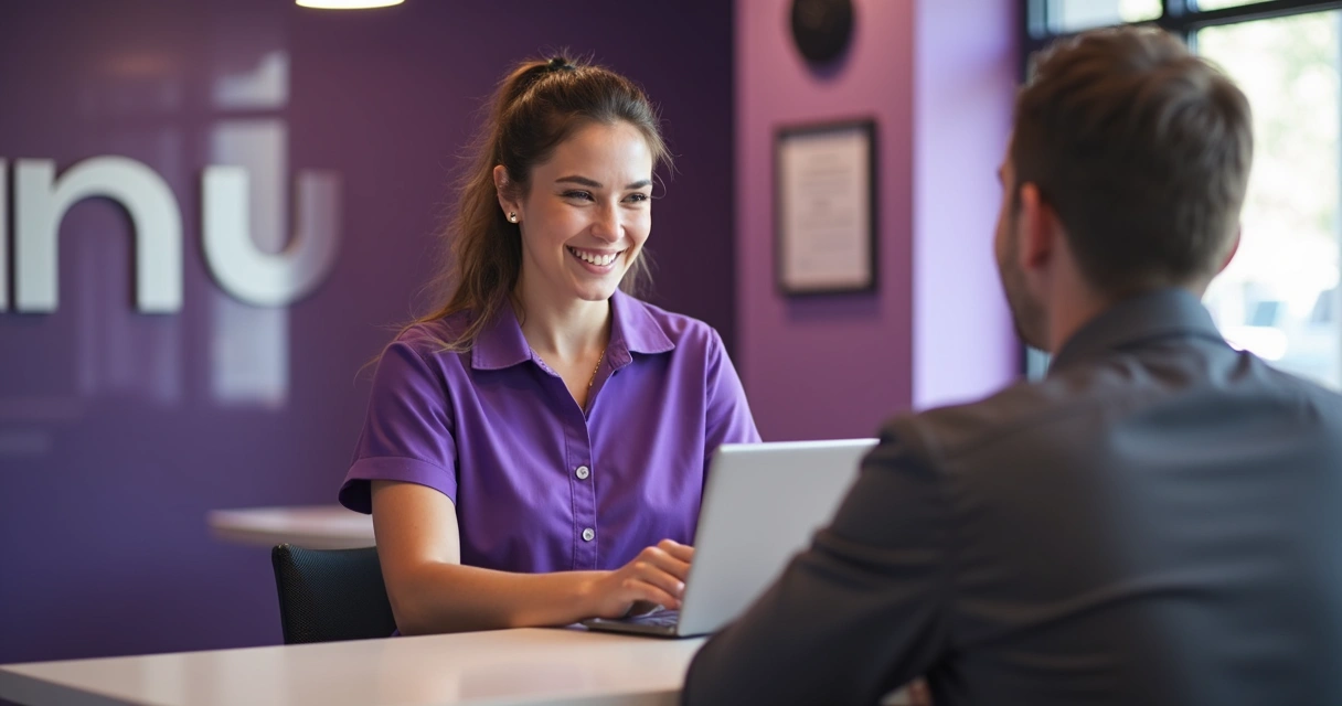 Jovem atendente em sala moderna Nubank 