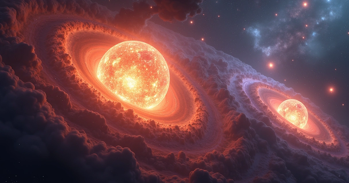 Representação artística de estrelas massivas produzindo elementos químicos.