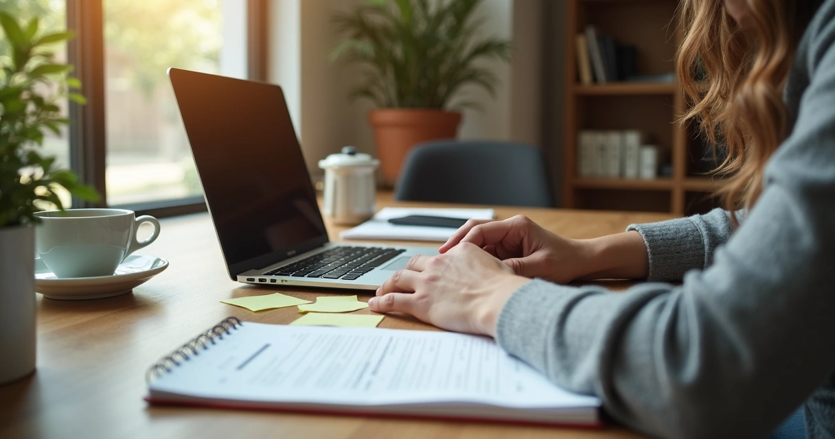 Persona revisando opciones de carrera en un escritorio con notas y portátil 