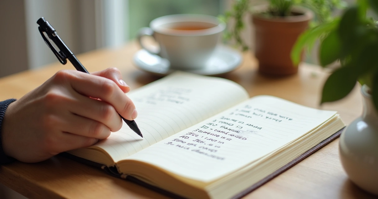 Mano escribiendo en libreta con lista de hábitos positivos 