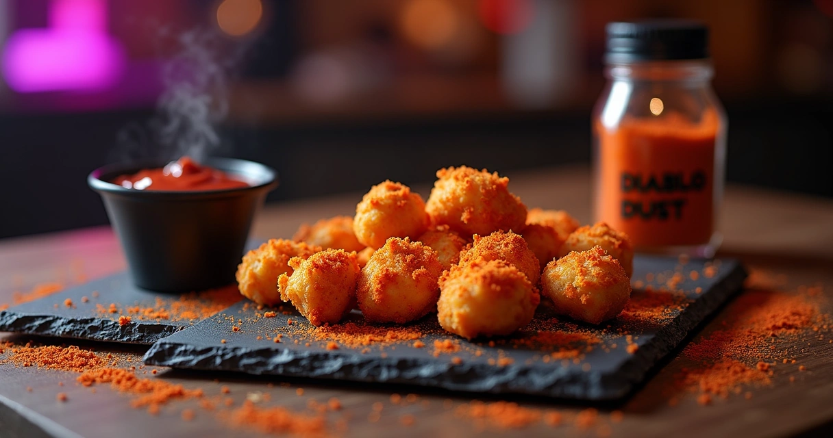 Nuggets Diablo Dust da Taco Bell com pote de tempero em pó brilhando sobre uma mesa 