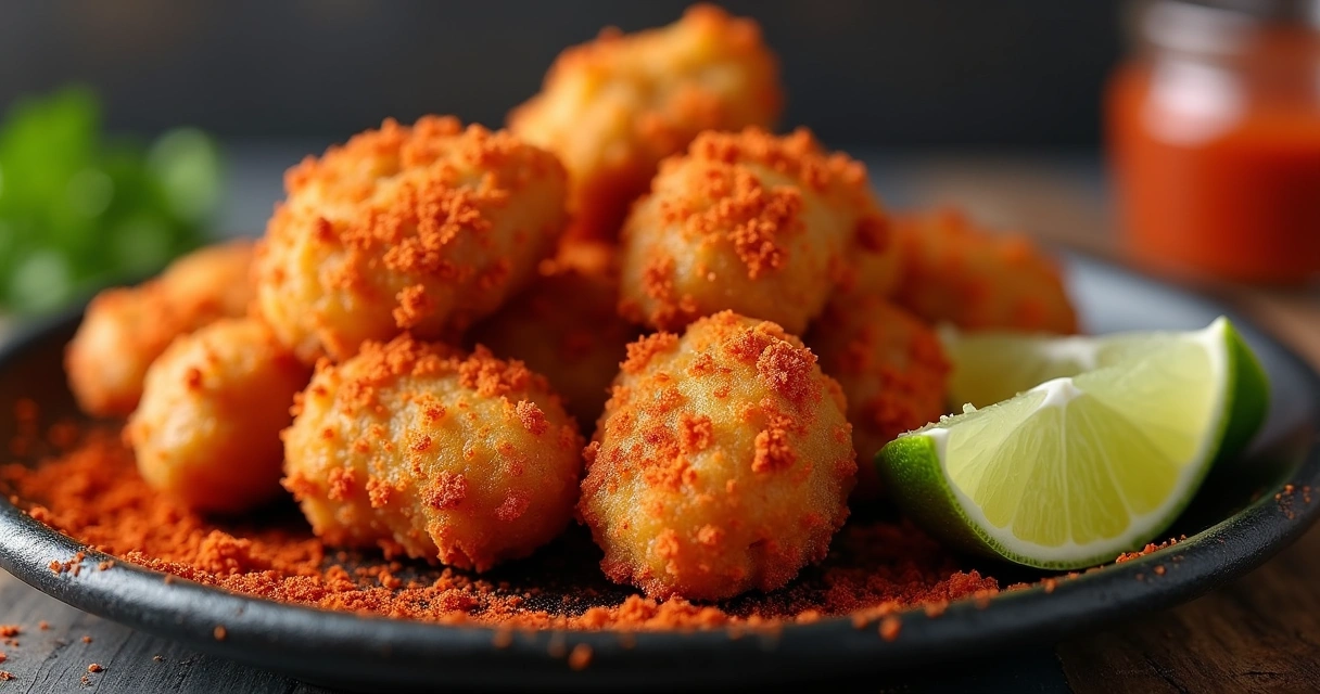 Close-up dos Nuggets de frango crocante ricos em tempero Diablo Dust 