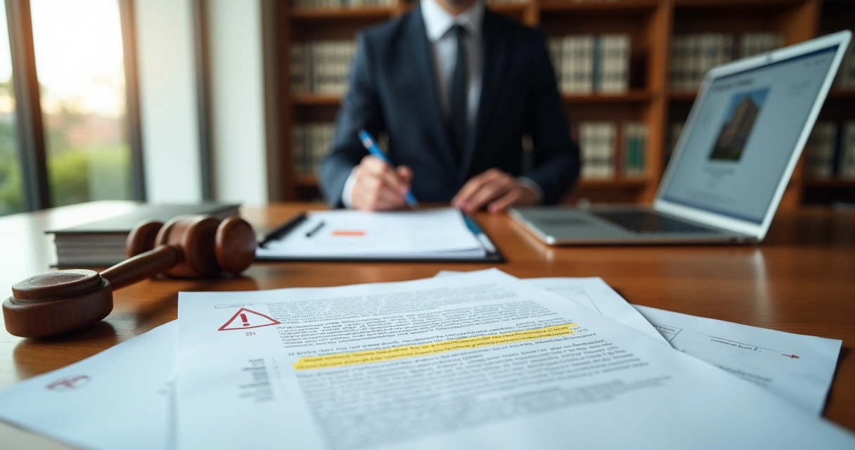 Juiz analisando edital de leilão de imóvel com símbolo de alerta jurídico 