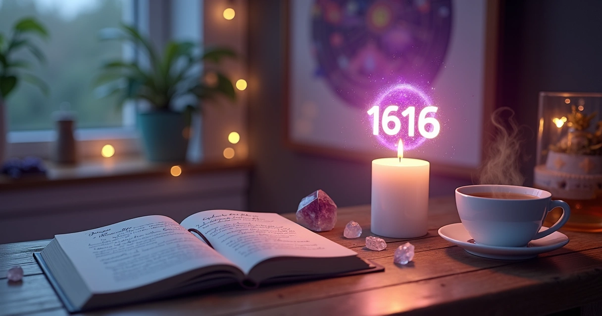Número 1616 brilhando em um portal energético simbolizando novas fases 