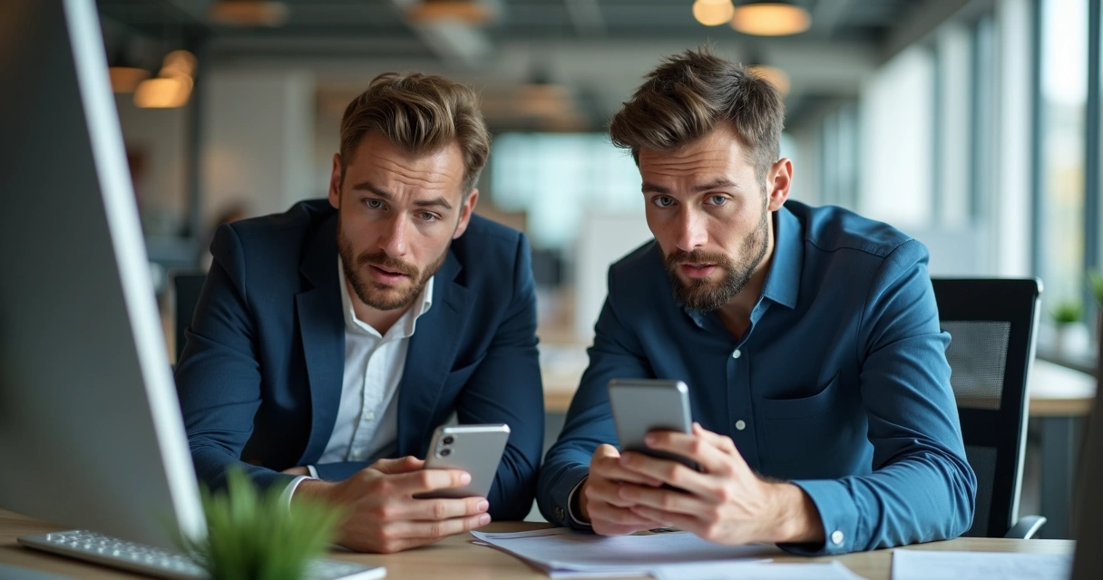 Dos empleados revisan preocupados un celular con WhatsApp bloqueado en la mesa 
