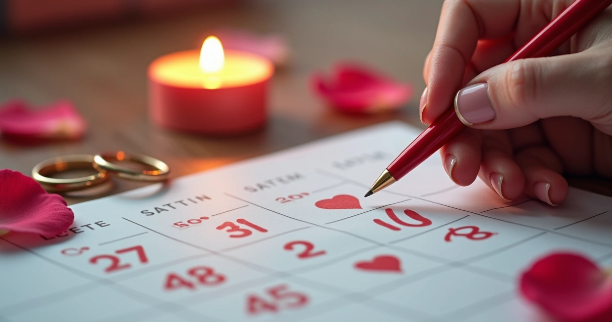 Calendário com datas destacadas e símbolos de amor 