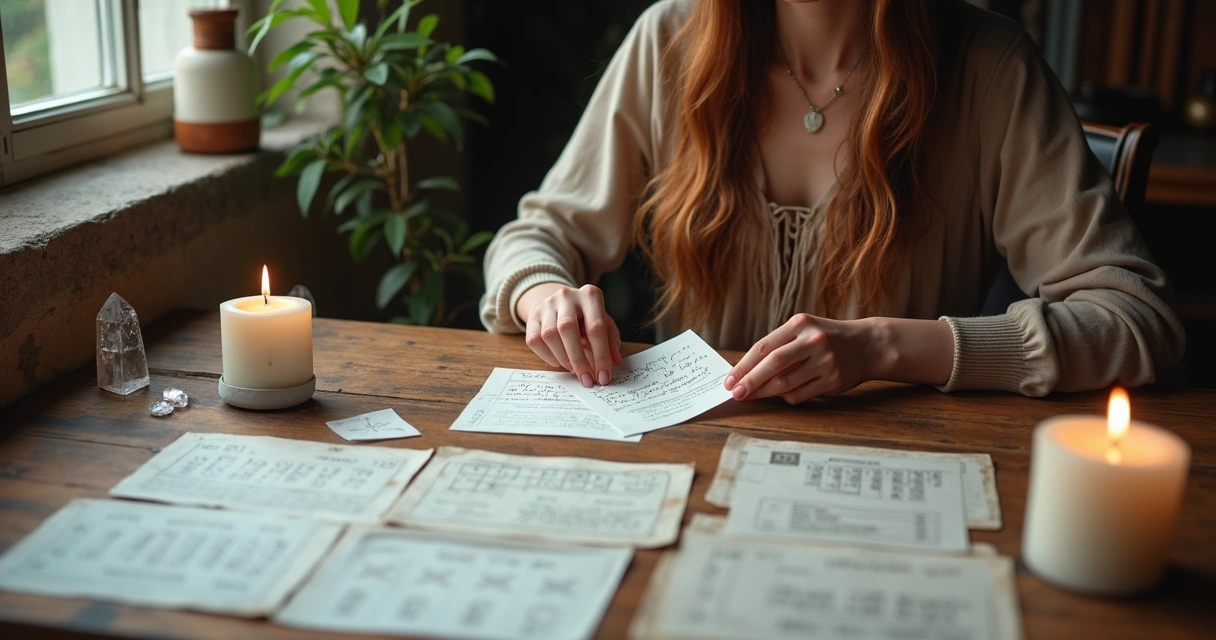 Mãos femininas segurando papéis com letras do alfabeto e cálculos numéricos ao redor 