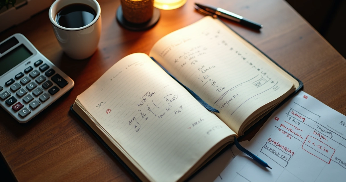 Caderno de anotações ao lado de calculadora e folha com números da data 