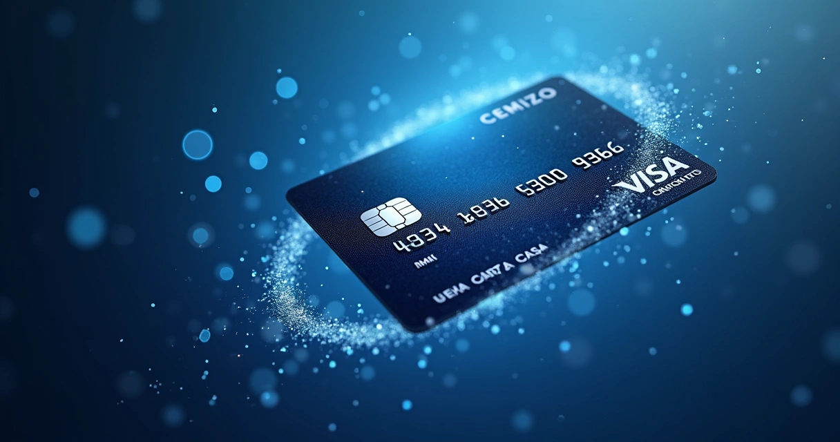 Cartão de crédito brilhando em fundo azul escuro com números circulando 