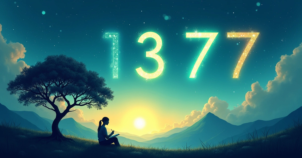 Uma pessoa meditando no campo, com números flutuantes representando a numerologia ao pôr do sol. Cores suaves e energia mística.