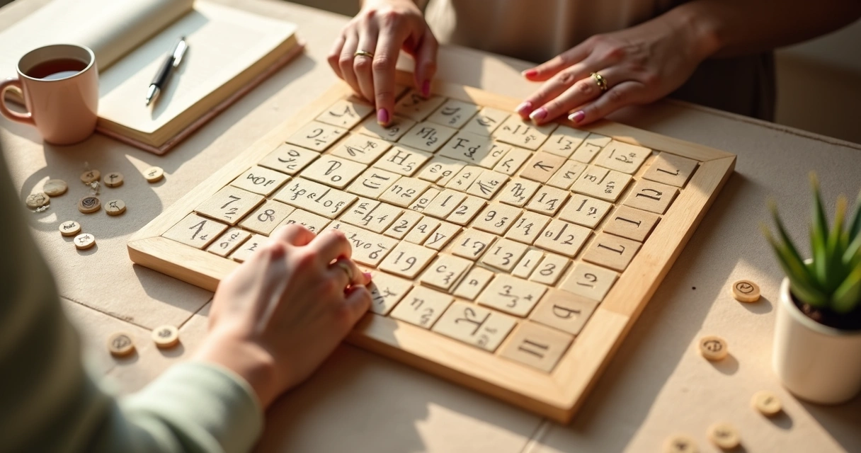 Mãos alinhando letras e números em tabuleiro de numerologia 