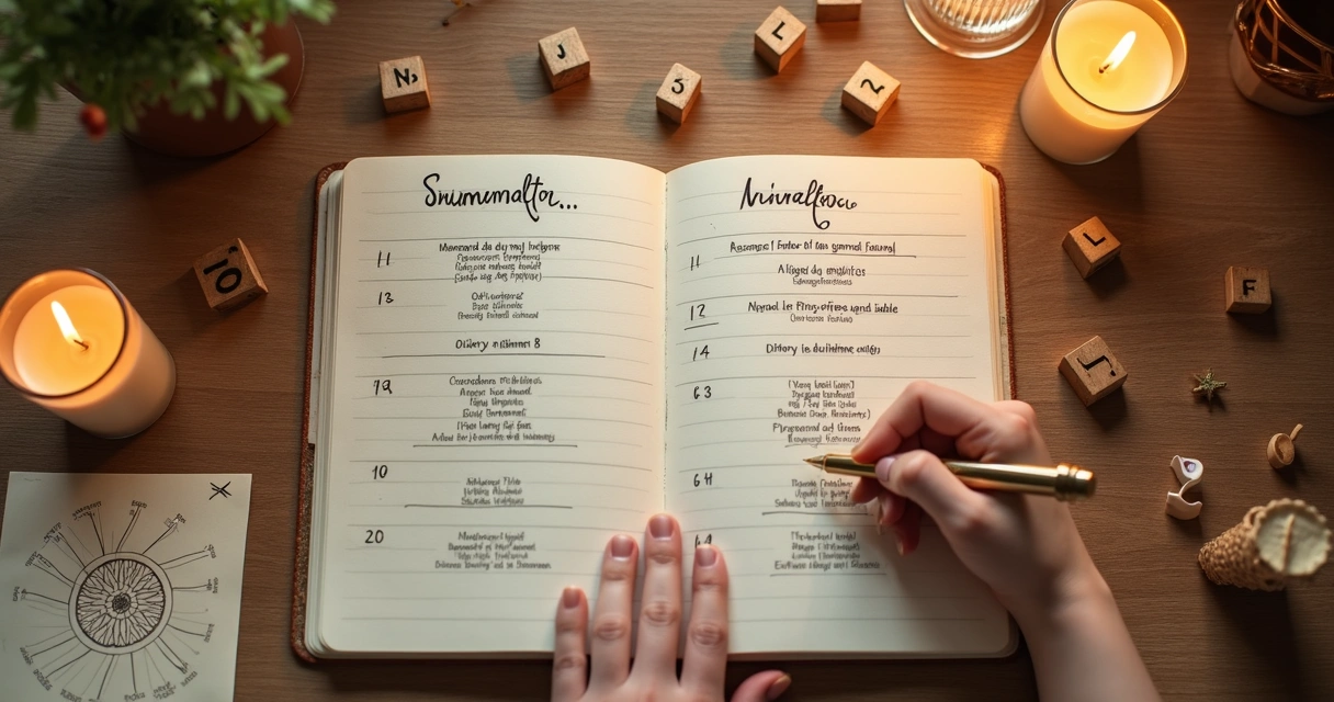 Caderno com nome escrito em letras e números cercado por velas e simbolos de numerologia 