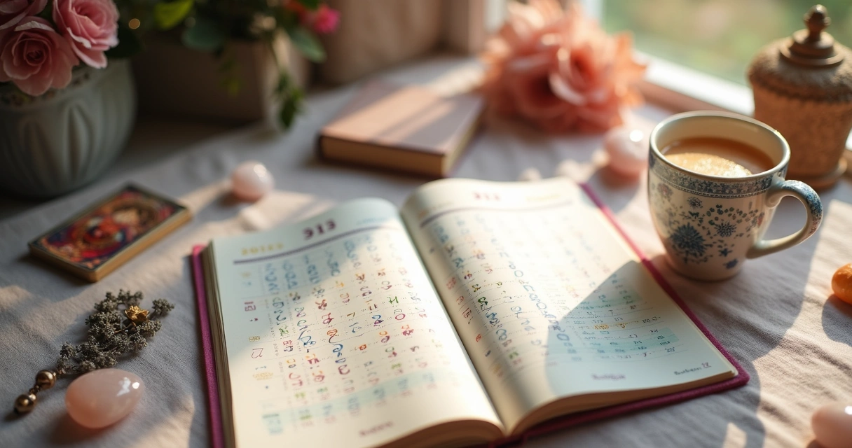 Agenda aberta com números desenhados e cristais ao lado 