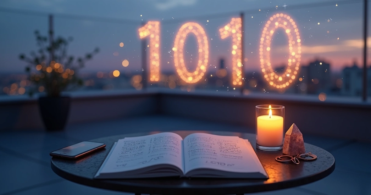 Número 1010 brilhando sobre céu com constelações e símbolos astrológicos 