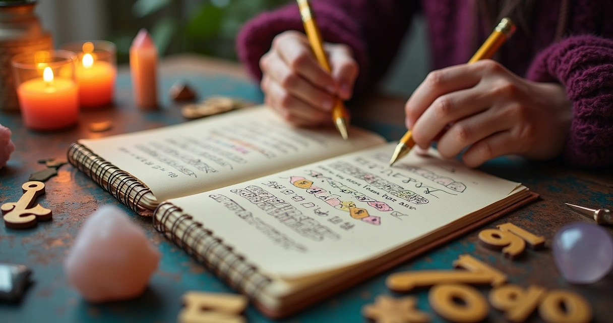 Cálculo da numerologia com números coloridos em uma mesa 