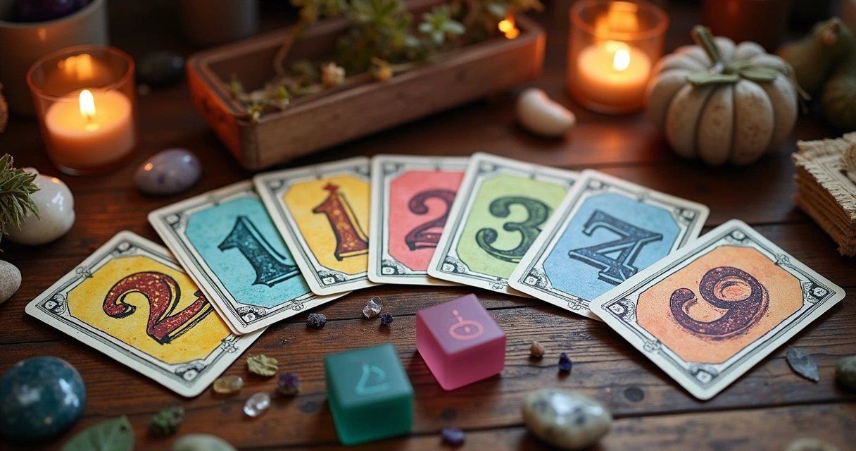 Números escritos em carta cigana sobre mesa de madeira 