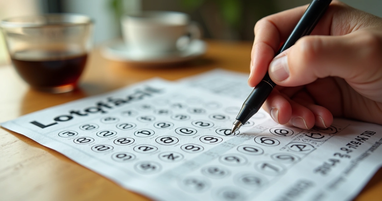Cartela da Lotofácil preenchida com uma mão segurando caneta 