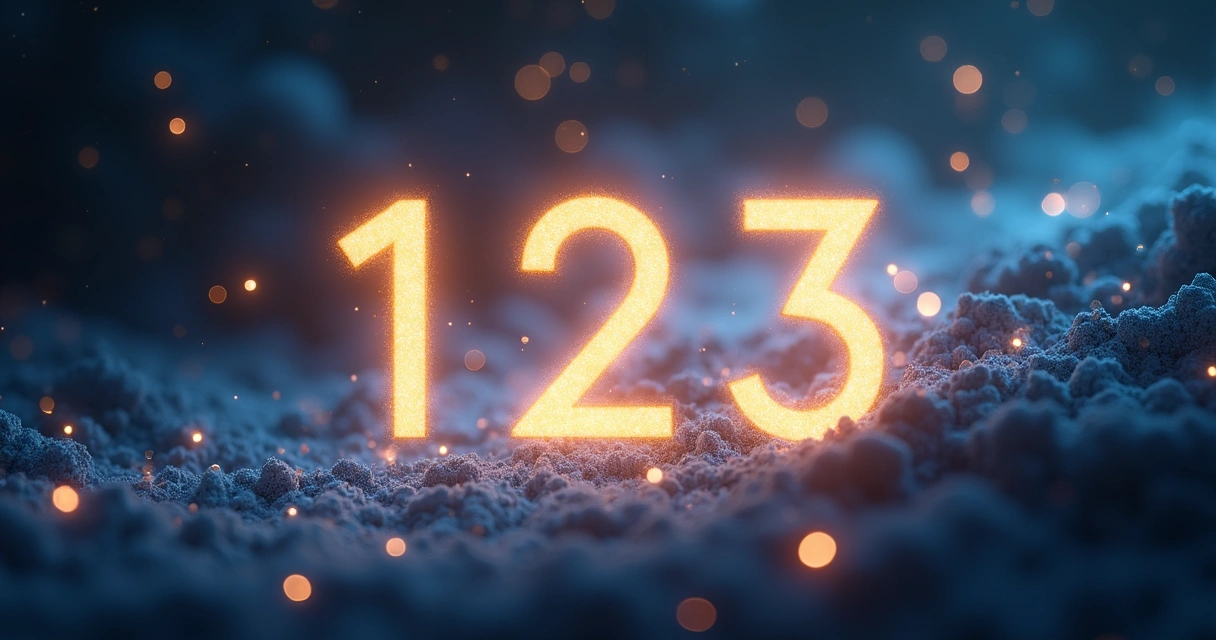 Três números luminosos flutuando em um cenário místico com luzes e energia. 