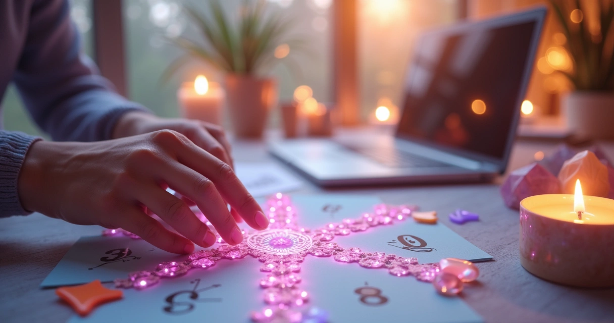 Montagem de números coloridos com elementos místicos ao redor 