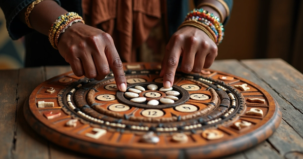 Tabuleiro com búzios e números representando odús no candomblé