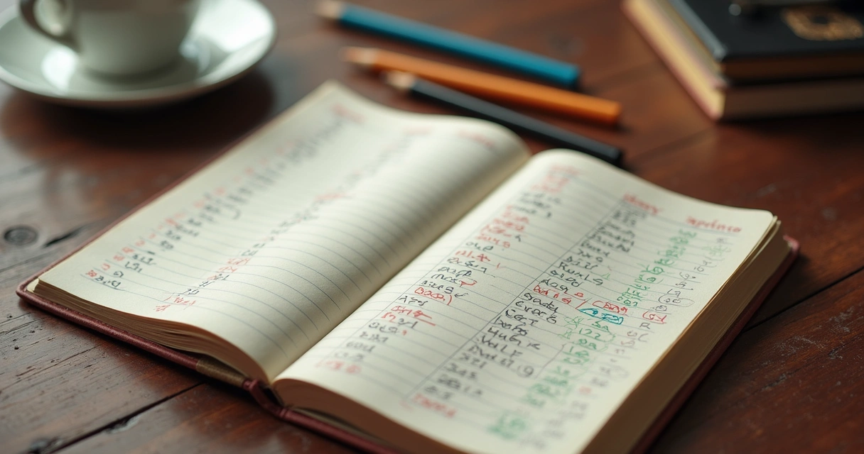 Caderno aberto com anotações de números e significados da numerologia em uma mesa de madeira 