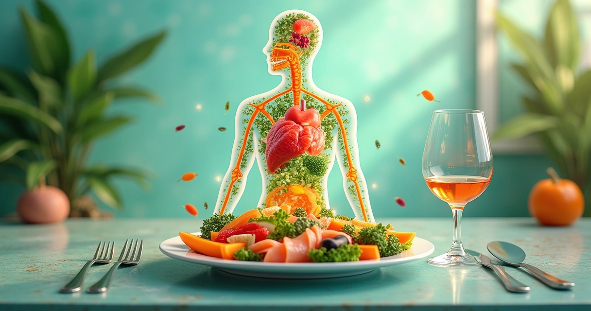 Prato com alimentos ricos em nutracêuticos e um corpo humano semi-translúcido simbolizando saúde.