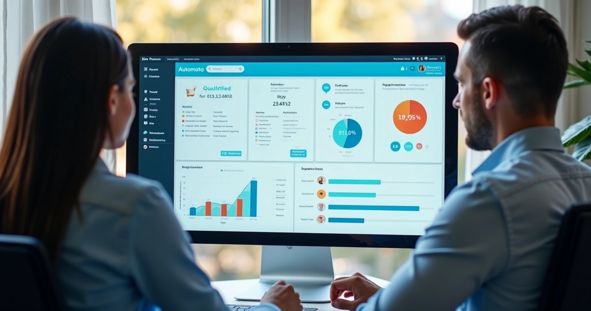 Equipe de vendas acompanhando automação de mensagens a leads no computador 