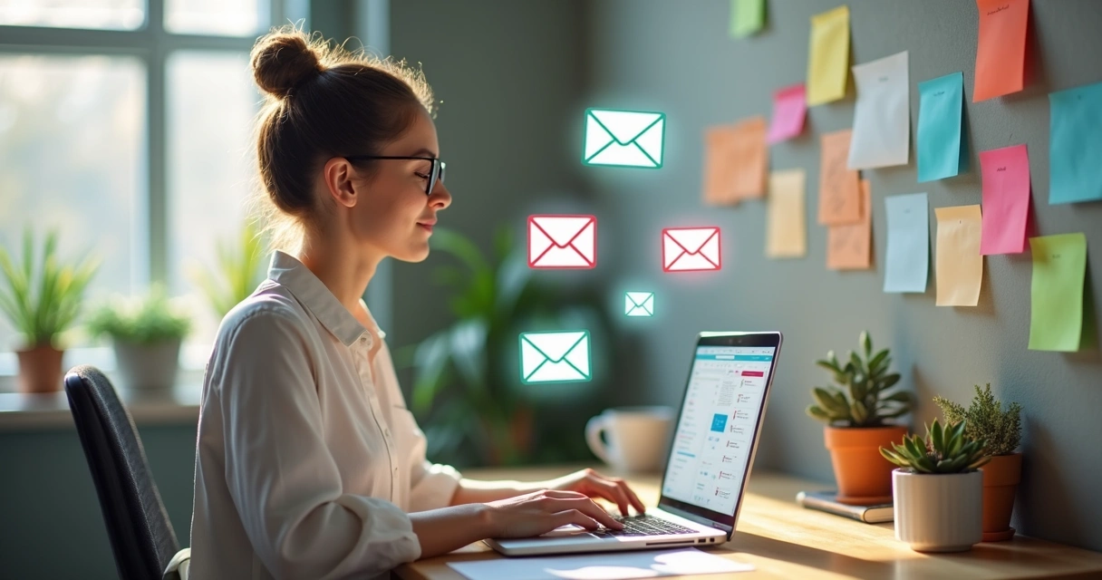Mulher enviando e-mails para nutrir clientes no notebook 